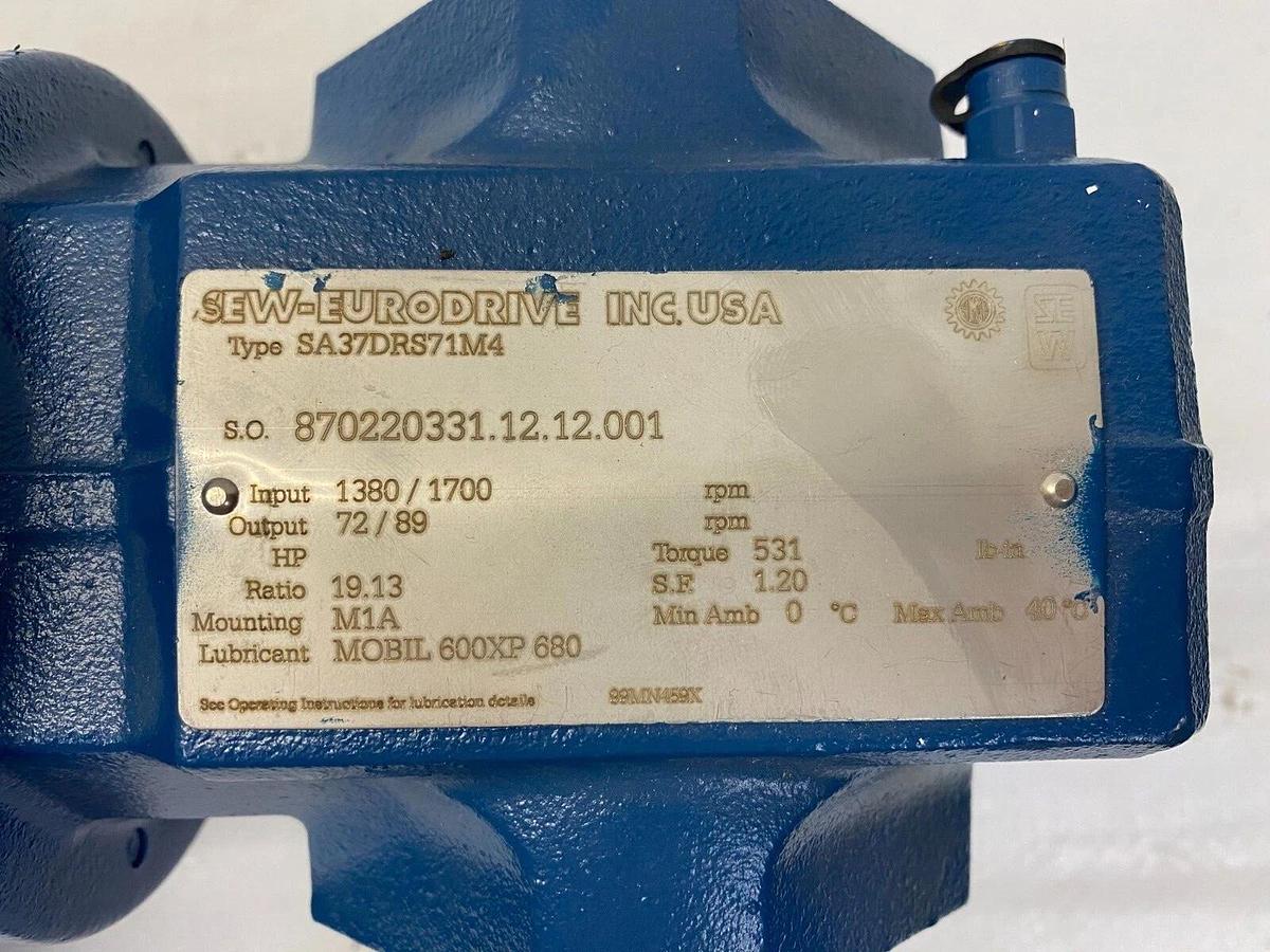 Used SEW-Eurodrive Inc. DRS71M4 3 Phase Motor A 2.80/1.62 HP .75/.75