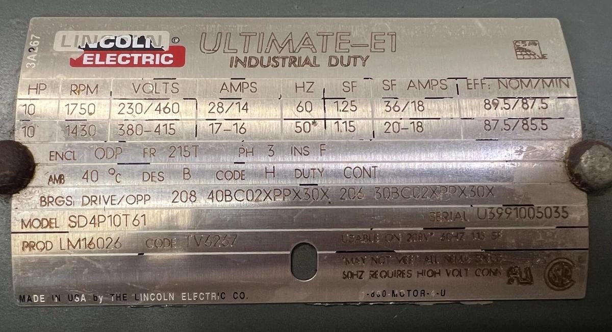 Used Lincoln Electric SD4P10T61 Ultimate-E1 Industrial Duty Motor 10Hp