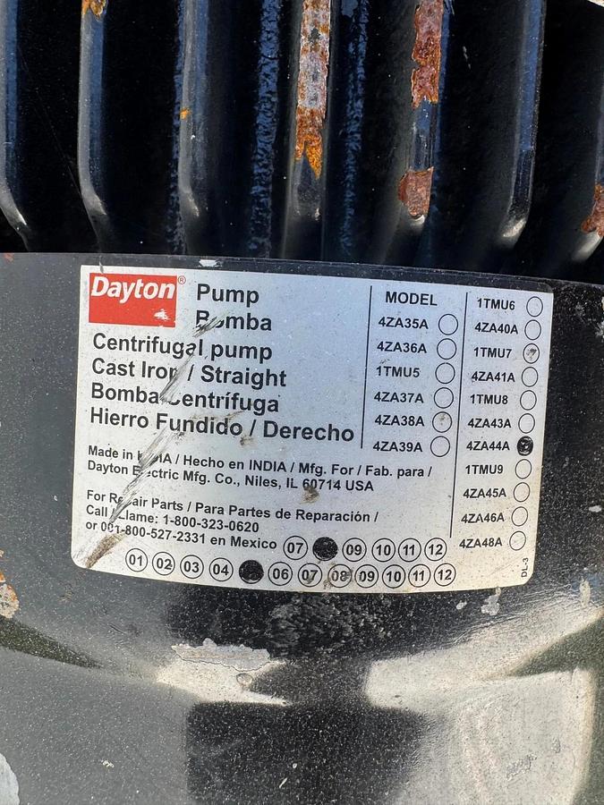 Used Dayton 4ZA44A Centrifugal Pump, w/ Dayton LTDI23TD 7.5Hp Motor @ 3450 RPM