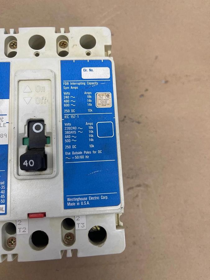 Used Westinghouse FDB3040L Industrial Circuit Breaker, Ser C, 40A, 600VAC, 3 Pole
