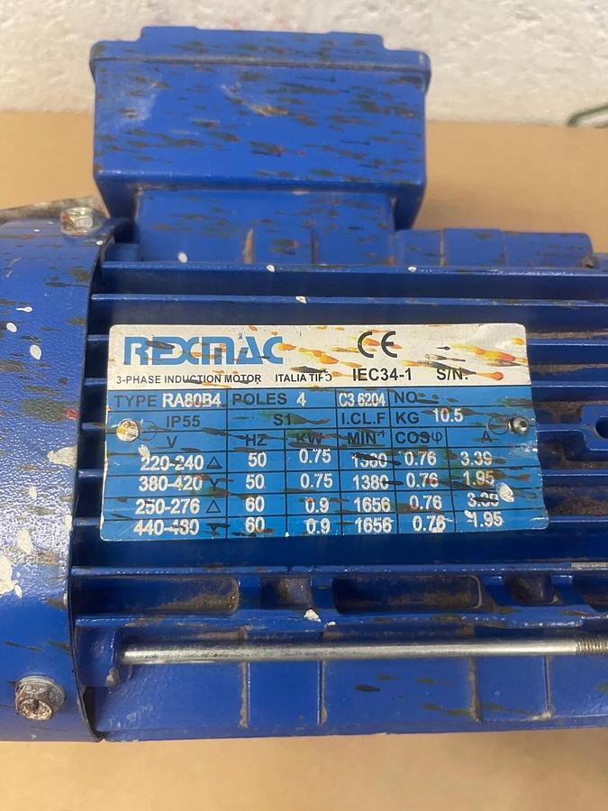 Used Rexmac RA80B4, 3-ph Induction Motor 0.75kw (1HP) 1380RPM, Rexmac NMRV 063