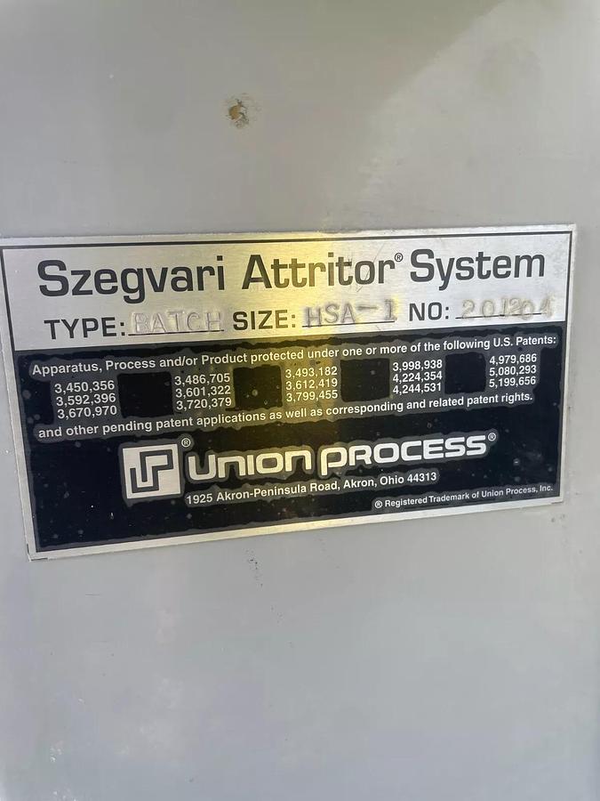 Used Union Process Szegvari Attritor Type: Batch, Size: HSA-1, Motor: 5hp 1750RPM 3ph