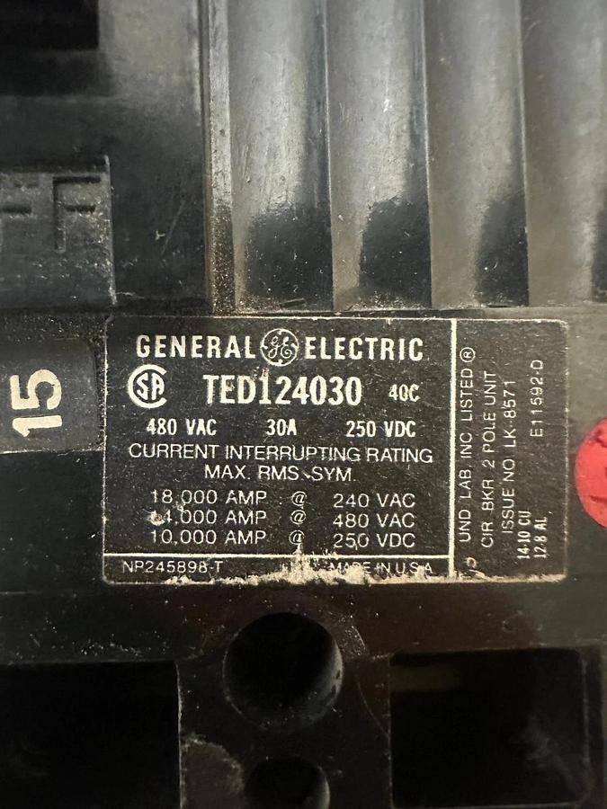 Used General Electric TED124030 30A 2 Pole Circuit Breaker