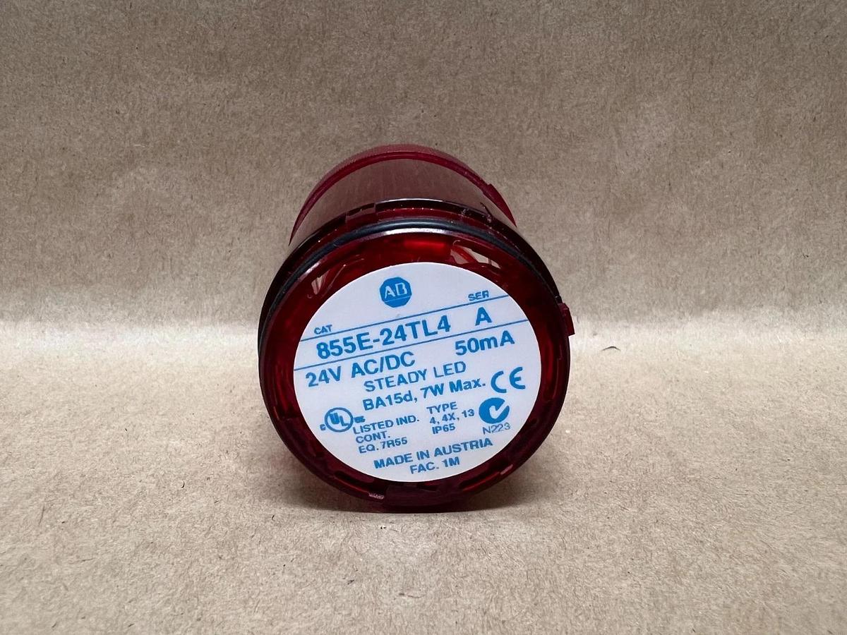 Used Allen Bradley 855E-24TL4 Red Stack Light w/ 855E-B24SA3 Alarm and 855E-BCB Base