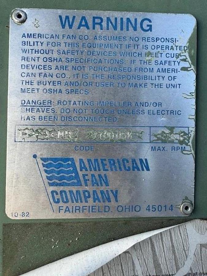 Used American Fan Co IE-21-MH, CW Top Horizontal Blower, 40Hp Motor, 1760RPM 575V