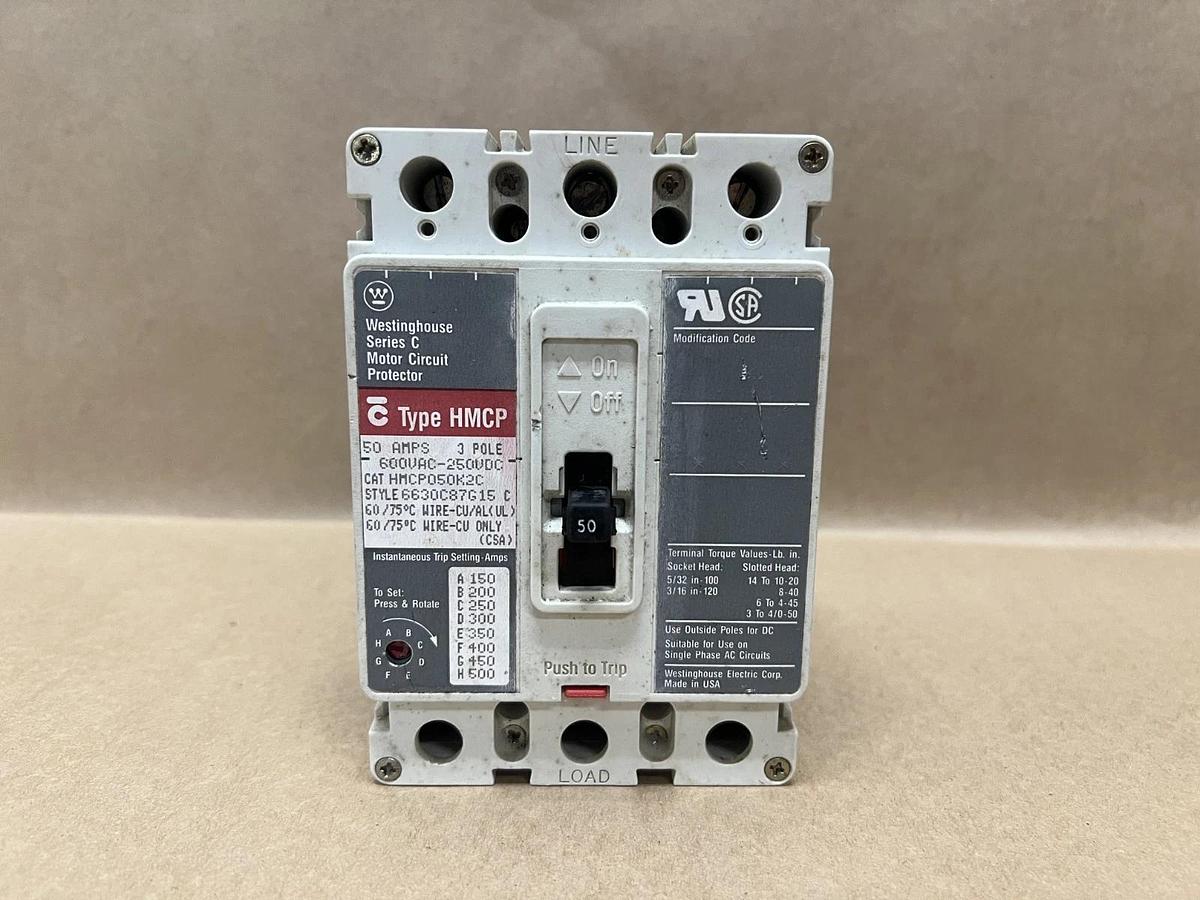 Used Westinghouse HMCP050K2C 50A, 3Pole, Ser C Motor Circuit Protector