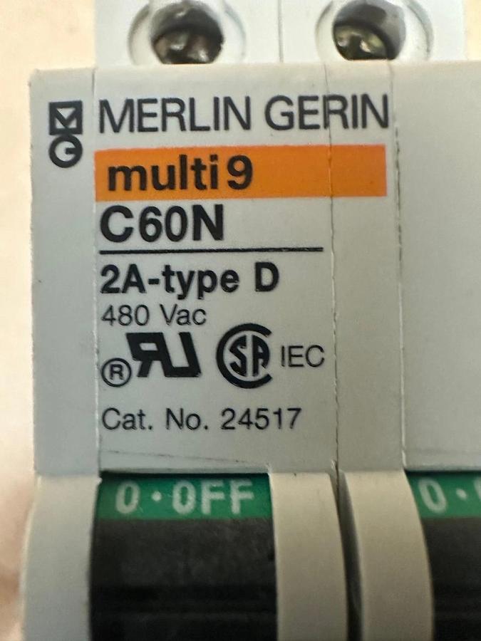 Used Merlin Gerin C60N Multi 9, 2A-Type D 2 Pole, 480VAC Breaker