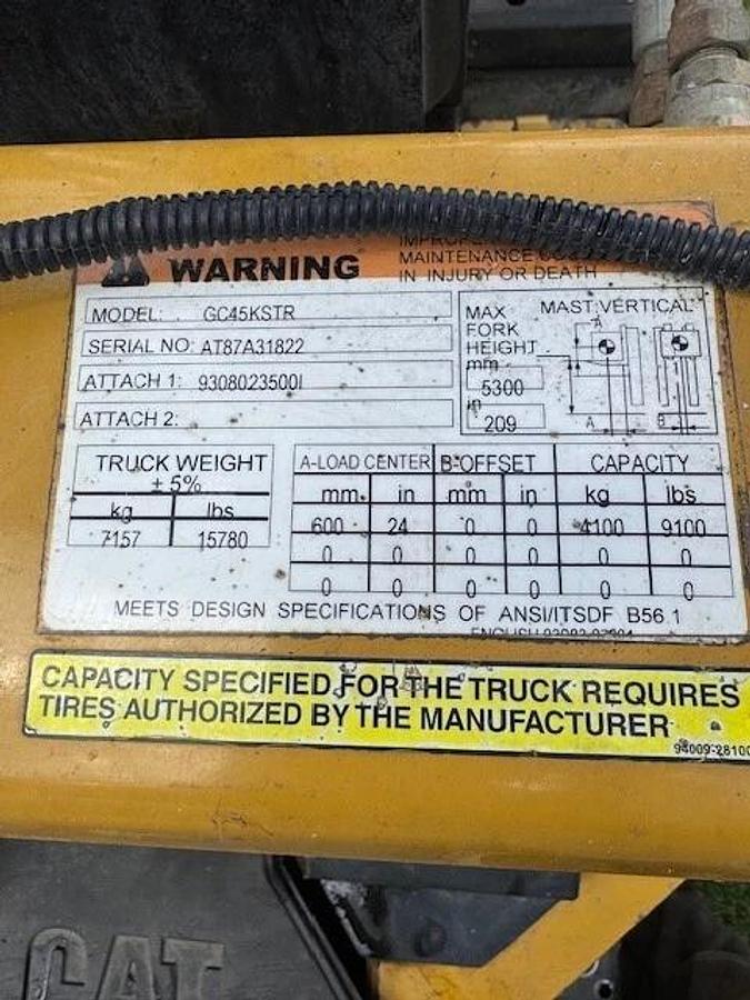 Used Caterpillar ForkLift GC45KSTR, 9100 lbs, Cushion Tire, LP Forktruck