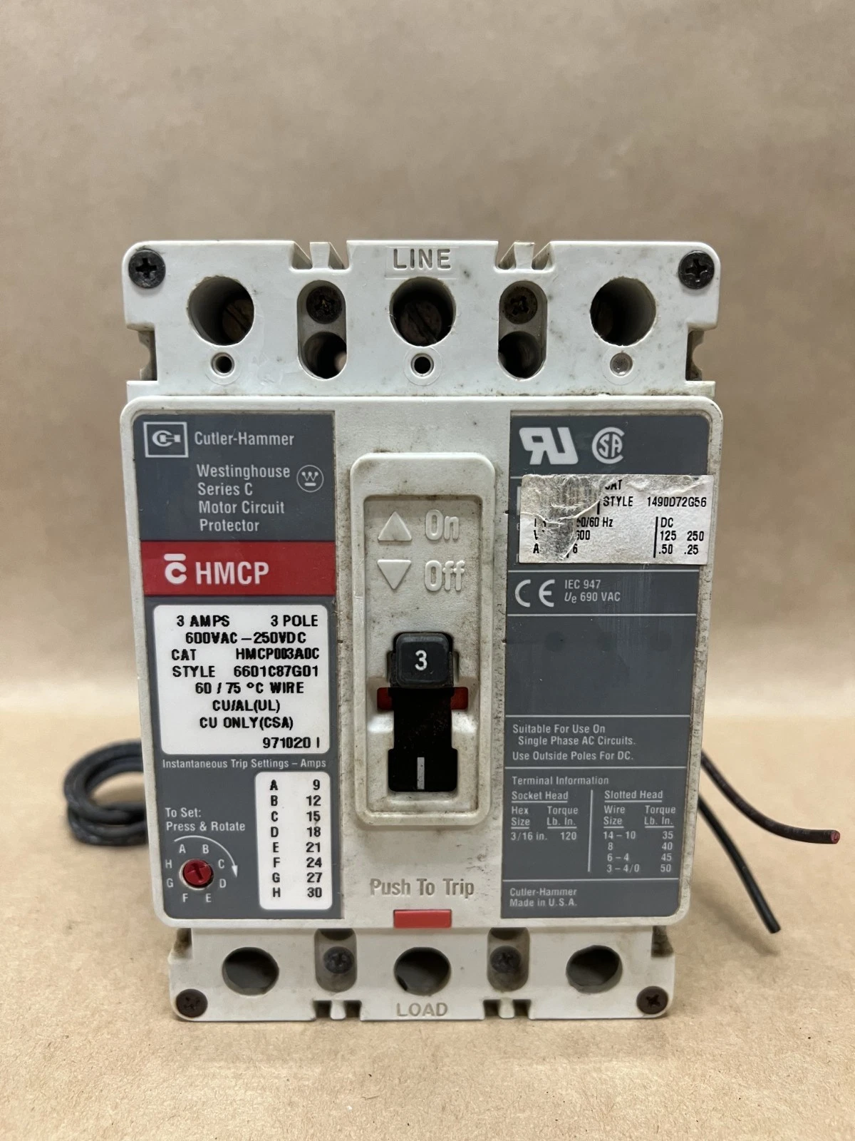 Used Cutler-Hammer/Westinghouse HMCP003A0C 3A, 3 Pole, Ser C Motor Circuit Protector