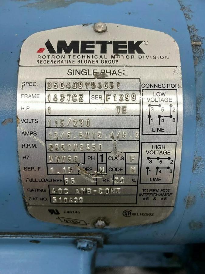 Used Ametek DR404AL58M Regenerative Blower, Single Phase, 1 HP Motor