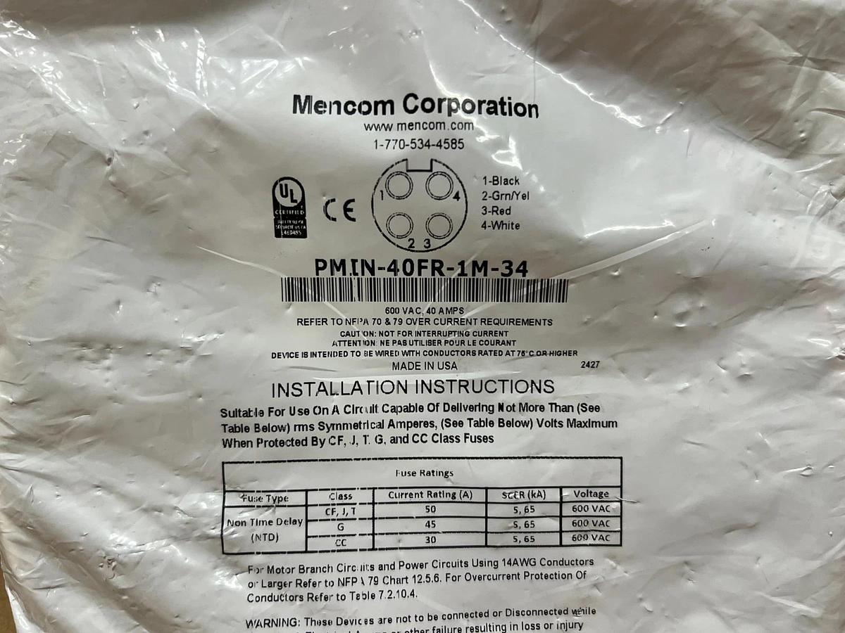 Used Mencom Corporation PMIN-40FR-1M-34 Power Receptacle, 40A, 600VAC *NEW*