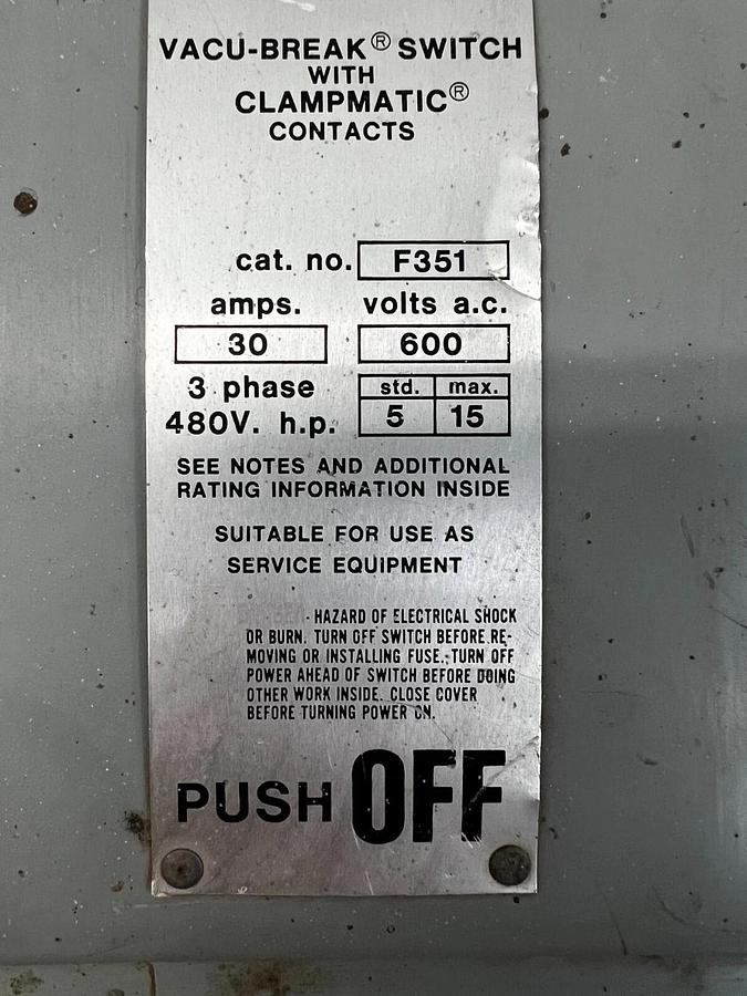 Used Gould F351 ITE Safety Switch Heavy Duty 30 Amp, 3 Phase, 480V