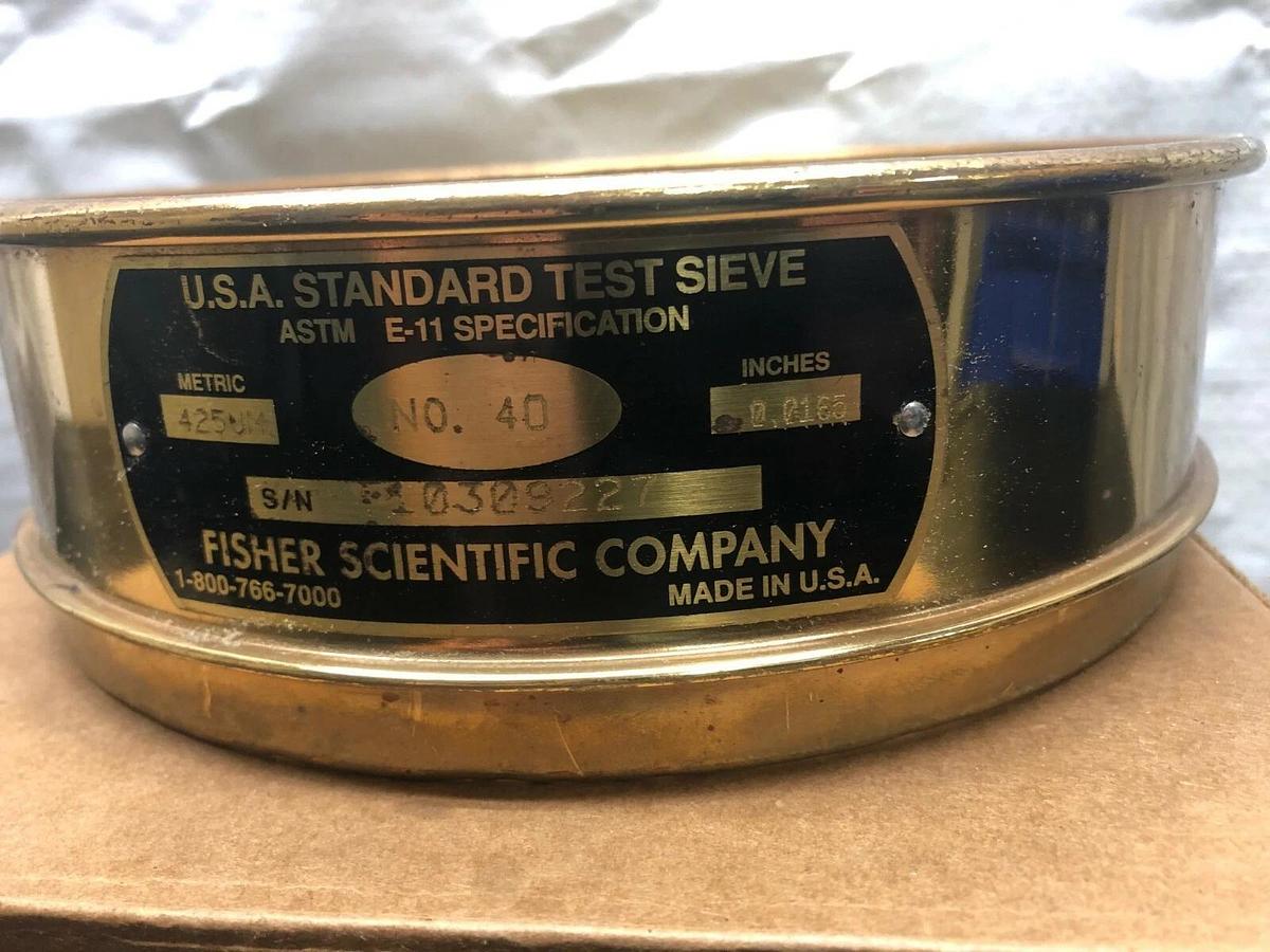 Used Fisher Scientific Brass Test Sieve, No. 40, Pore Size: 425 um, 8” Diameter