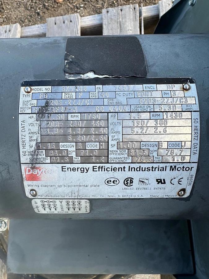 Used Dayton 3KW288 1.5Hp Motor @ 1750RPM w/ 4C119 10-5/8” Wheel Diameter Blower