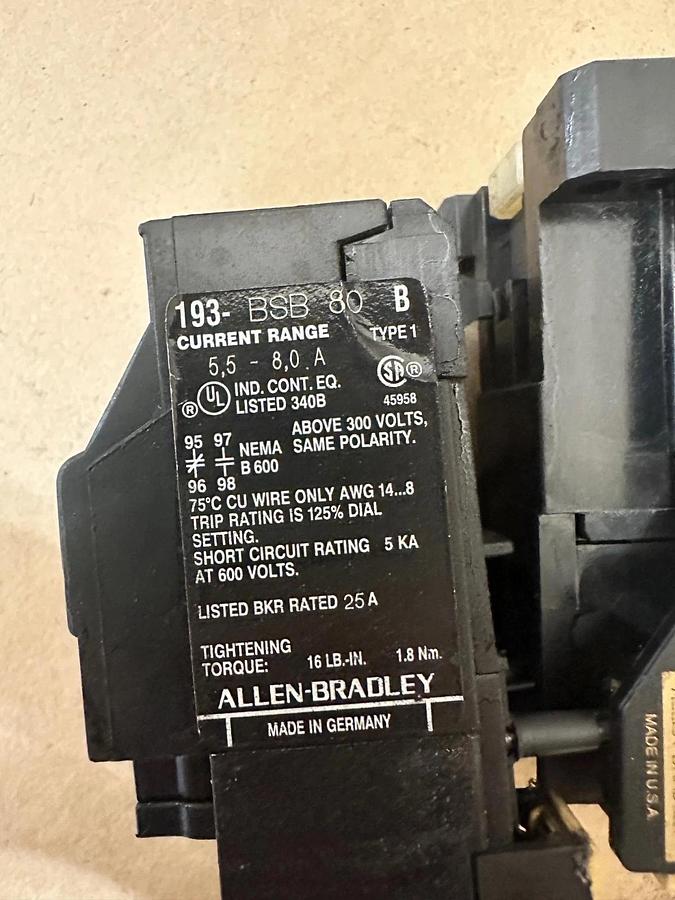 Used Allen Bradley 100-A09ND3 Contactor w/ 193-BSB 80 Relay