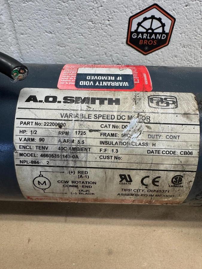 Used AO Smith 22200600 Variable Speed DC Motor, 1/2 Hp @ 1725 RPM, 466053511430A