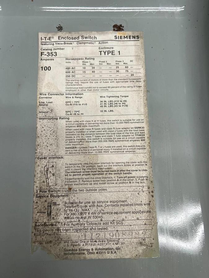 Used Siemens F353 Type 1, 600V, 100Amp I-T-E Enclosed Switch