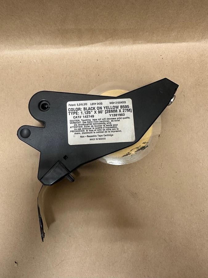 Used Brady B595 Black on Yellow, 1.125” x 90’ Label Cartridge, Roughly 2/3 Left