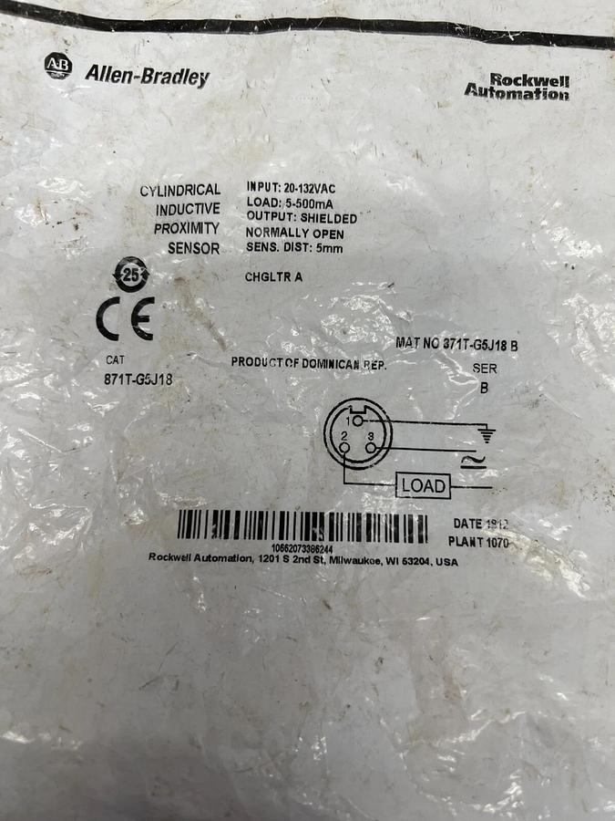 Used Allen Bradley 871T-G5J18B Ser. B Cylindrical Inductive Proximity Sensor PARTS