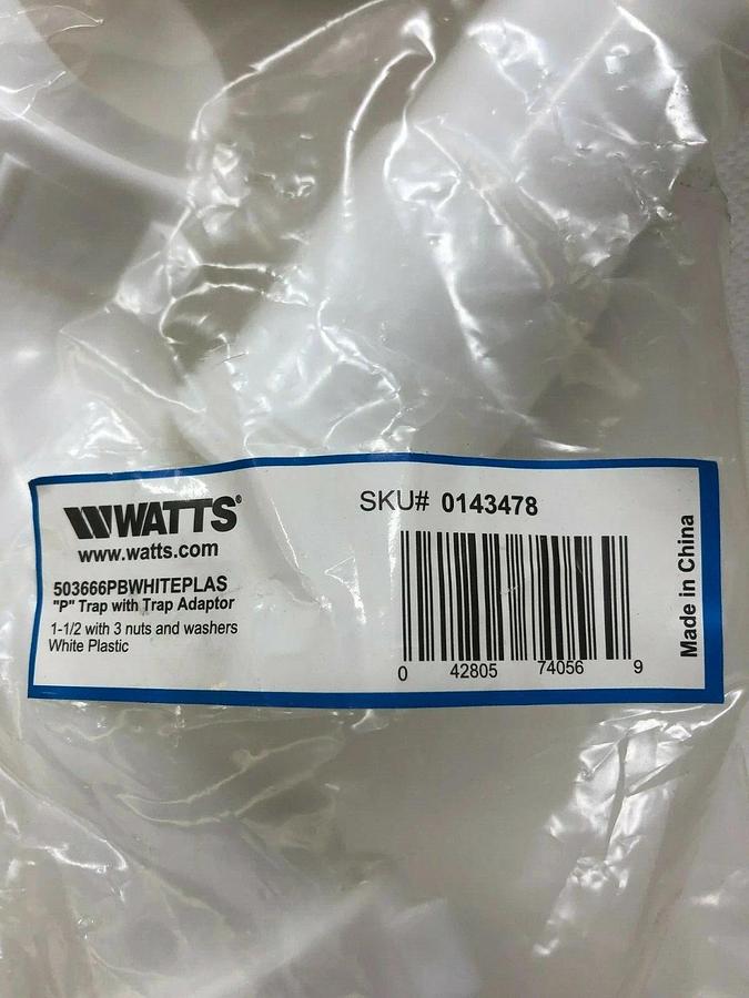 Used Watts 1-1/2” PVC P-Trap (Lot of 2) with Trap Adaptor and 3 nuts, 3 washers