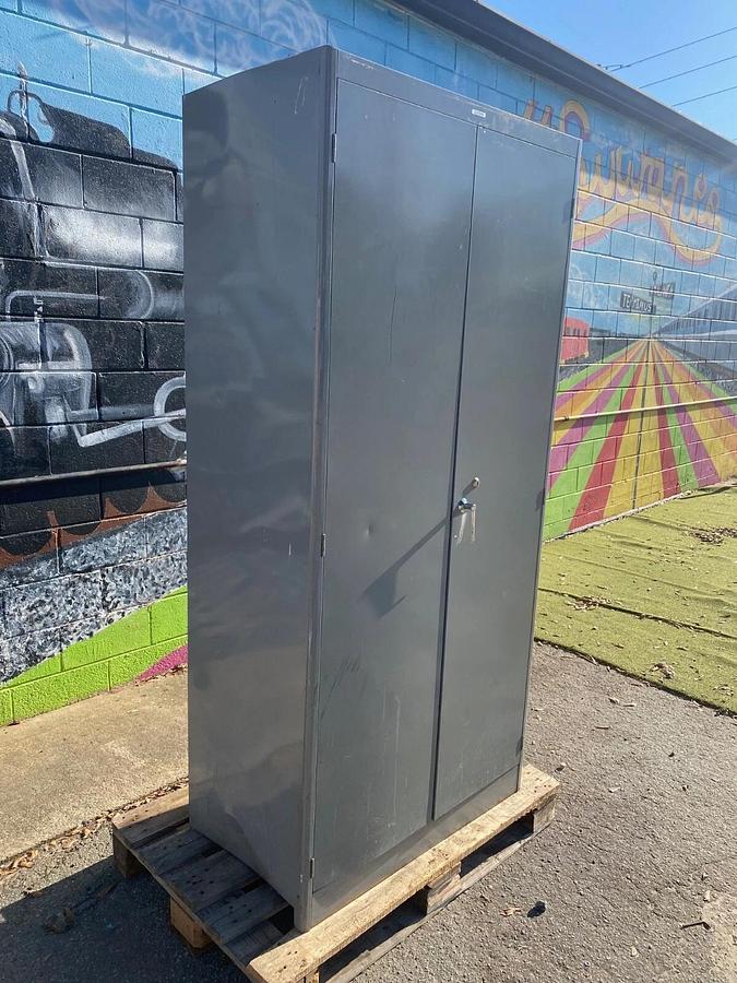 Used LYON Metal Office Cabinet, W: 36”, D: 21”, H: 78”, 2 Door, 4 Adjustable Shelves