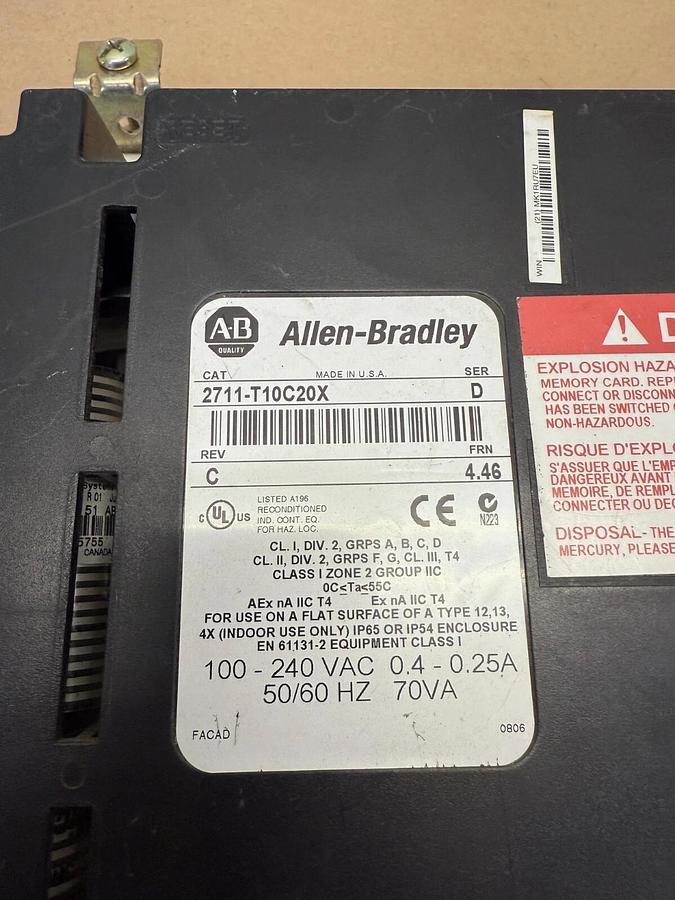 Used Allen- Bradley 2722-T10C20X PanelView 1000 Ser D, 100-240VAC, 0.4-0.25A, 50/60Hz