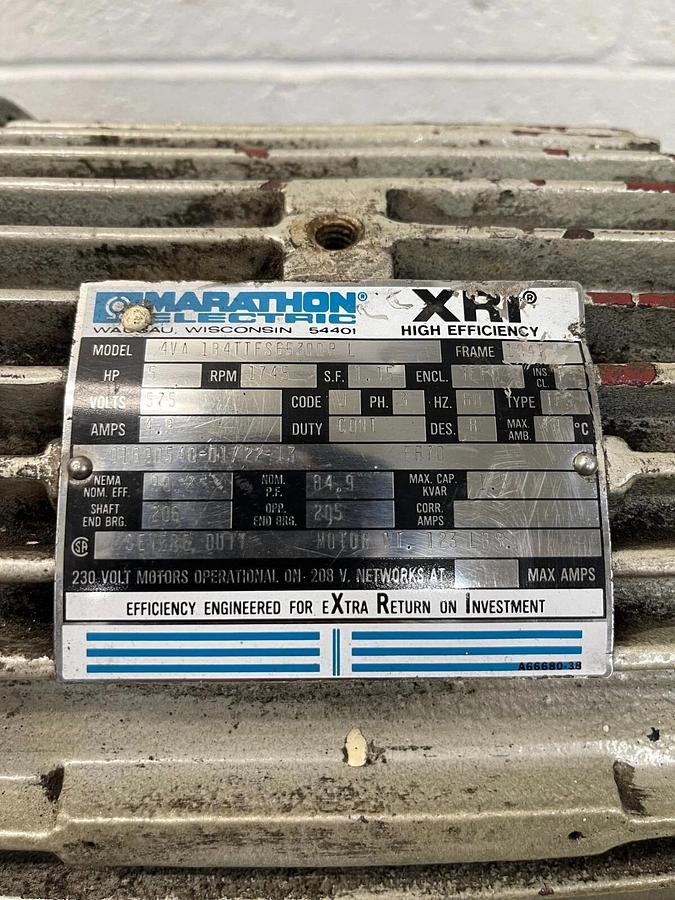 Used Marathon Electric 4VA 184TTFS6530DRL XRI High Efficiency 5 HP 1745 RPM 575 V