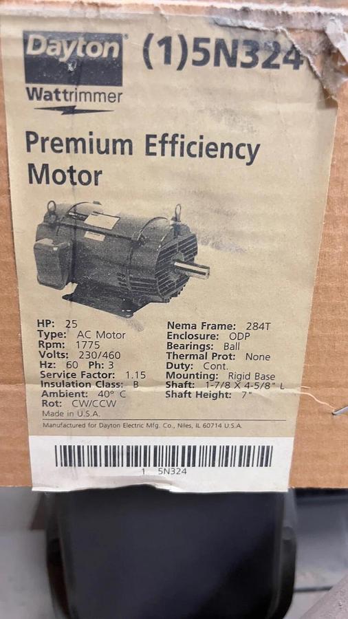 Used Dayton Premium Efficiency AC Motor 5N324, 25HP 1775RPM 230/460V 60Hz 3Ph