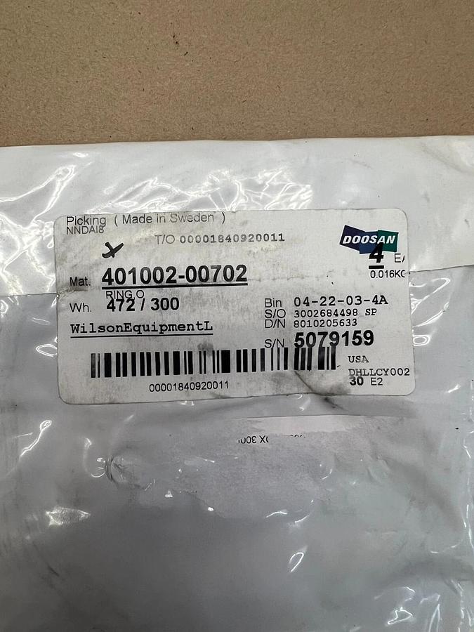 Used Doosan 401002-00702 O Ring, 4 Pcs.