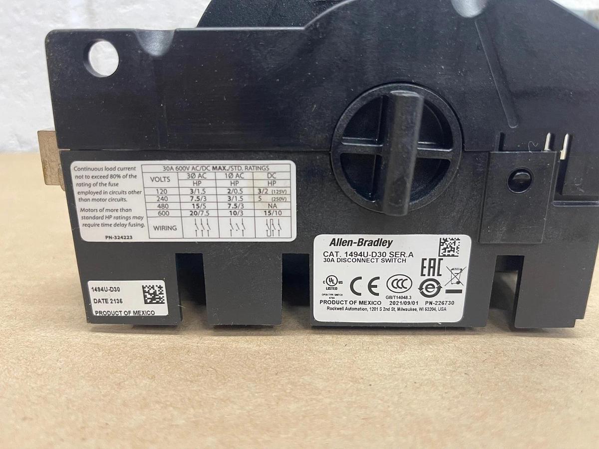 Used Allen Bradley 1494U-D30 Series A 30A Disconnect Switch
