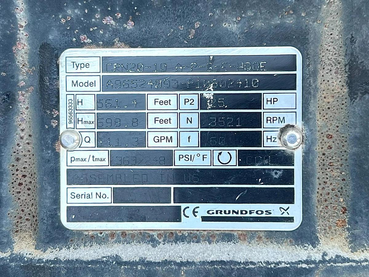 Used Grundfos CRN 20-10 Multistage Centrifugal Boosting Pump Assy, 25Hp Baldor Motor