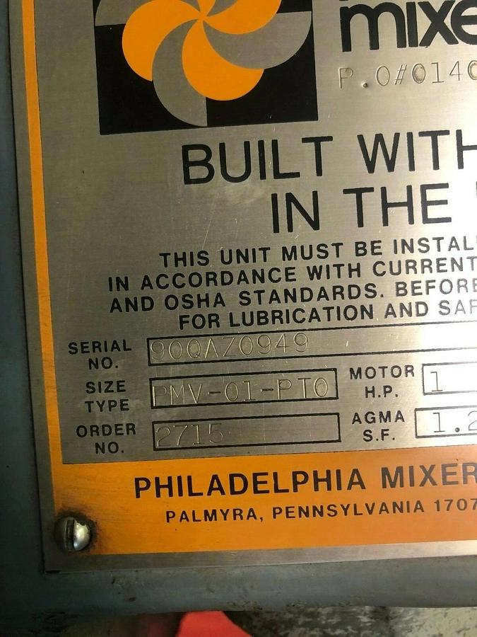 Philadelphia Mixers PMV-01 w/ SS Shaft and Prop and Reliance Electric 1.5 hp