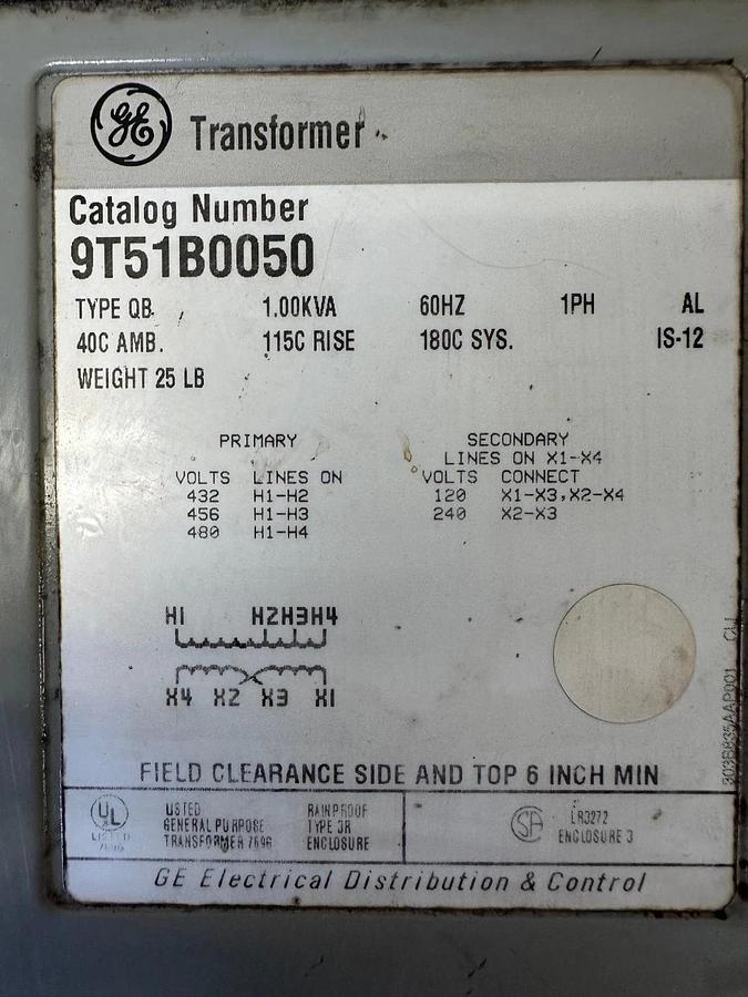 Used General Electric 9T51B0050 Transformer, 1.00KVA, 60Hz