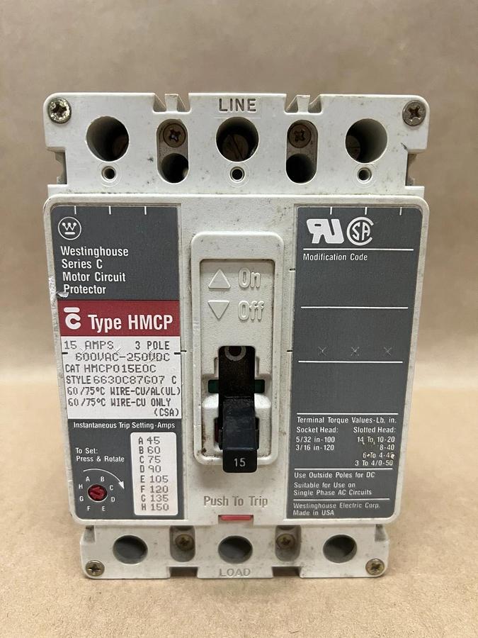 Used Westinghouse HMCP015E0C 15A, 3 Pole Motor Circuit Protector (Style: 6630C87G07)
