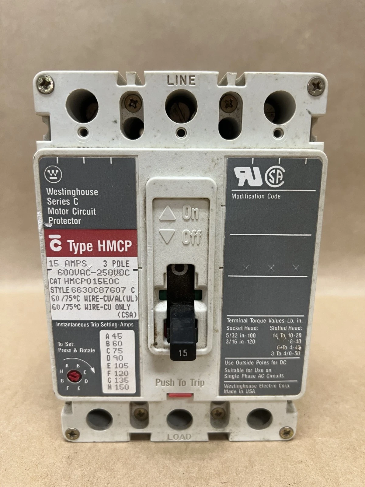 Used Westinghouse HMCP015E0C 15A, 3 Pole Motor Circuit Protector (Style: 6630C87G07)