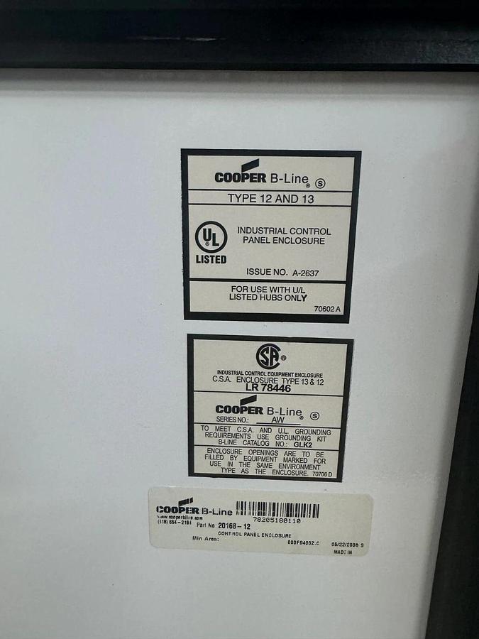 Used Cooper B-Line LR78446 16” X 20” X 8”, Type 12 & 13, Industrial Panel Enclosure