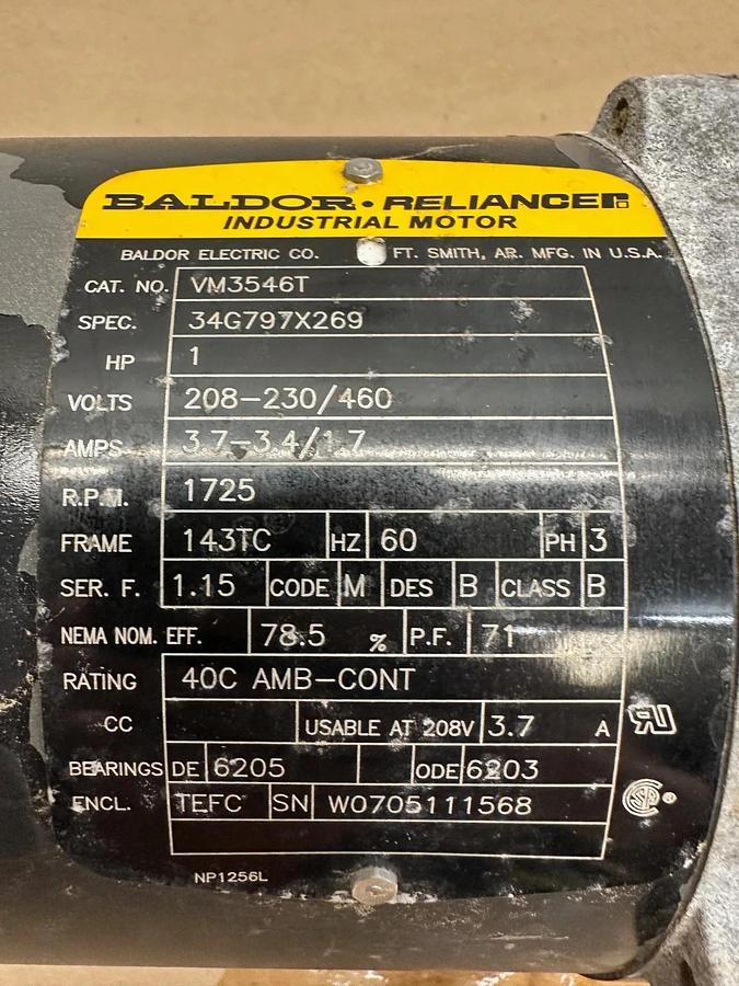 Used Baldor VM3546T Industrial Motor 1Hp @ 1725 RPM, 34G797X269