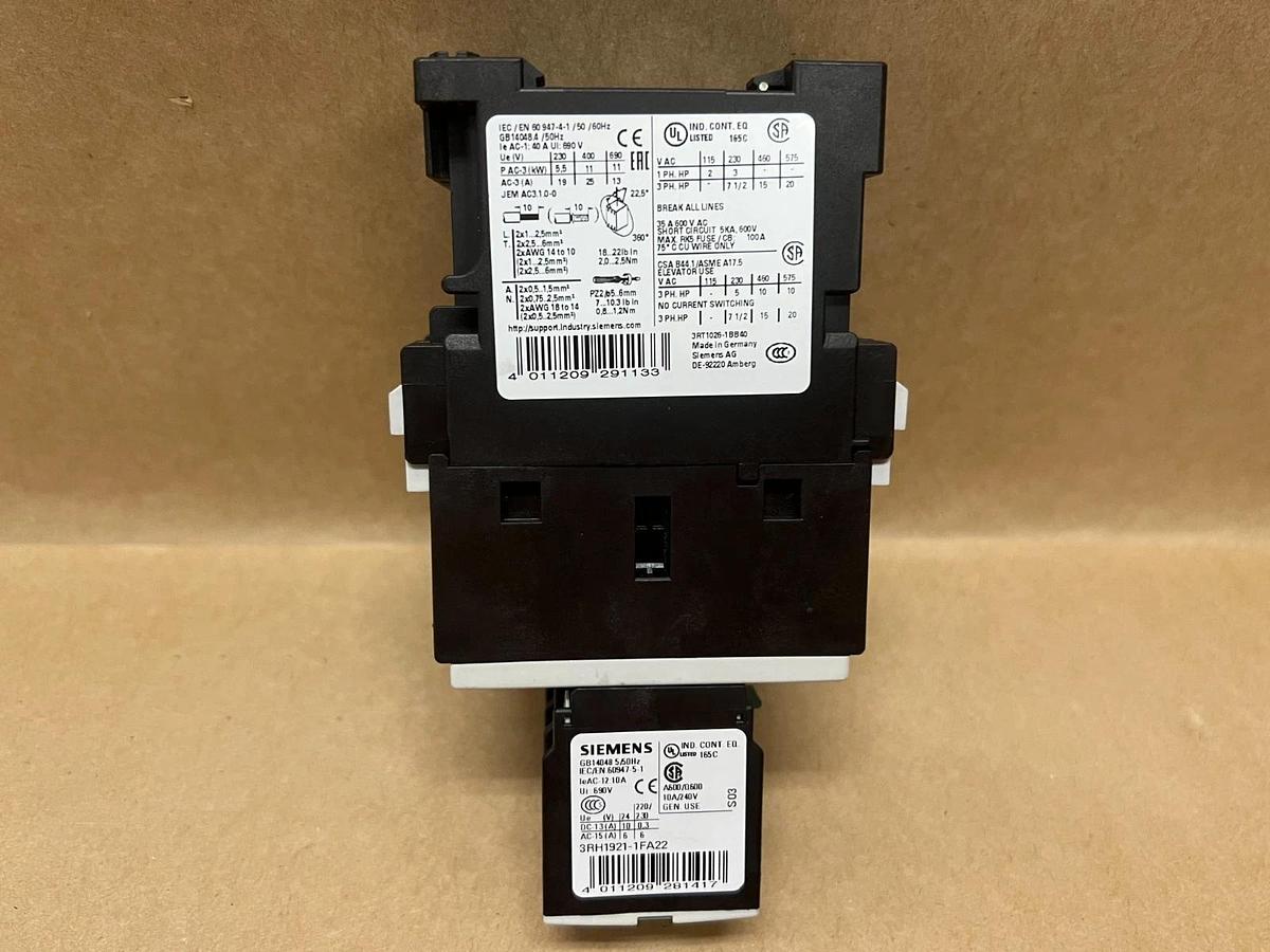 Used Siemens 3RT1026-1B Contactor w/ 3RH1921-1FA22 Auxiliary Contactor