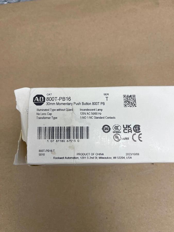 Used Allen-Bradley 800T-PB16, 30mm Momentary Push Button, Ser T, 120V AC, 50/60Hz