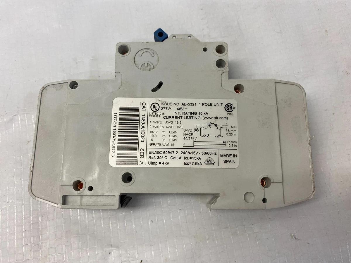 Used Allen-Bradley 1489-A1D020 Series A Circuit Breaker 277V ~ 48V - Lot of 5