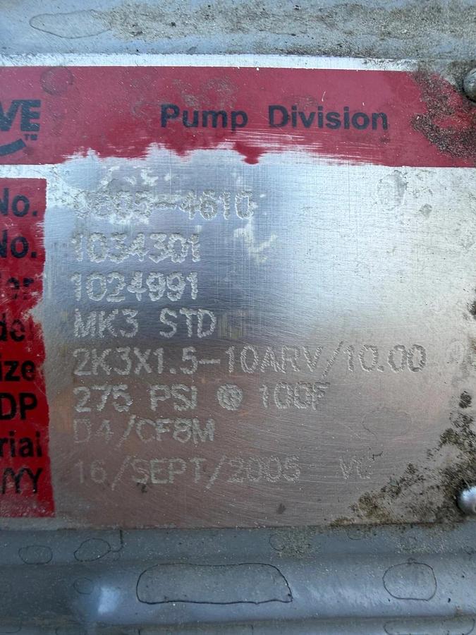 Used Durco Pump MK3 STD Size 2K3x1.5-10ARV/10.00 w/ Siemens 60Hp Motor @ 3565RPM