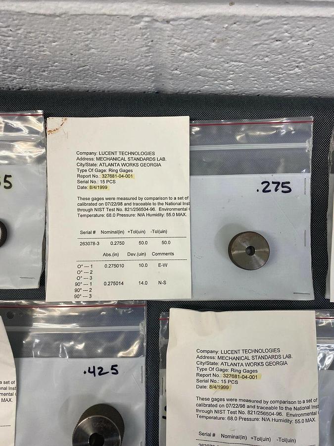 Used Ring Gage Carbide Go No Go LOT of 5 w/ Calibration Paperwork