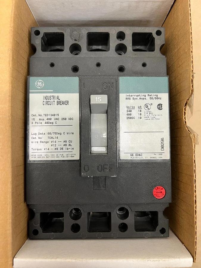 Used General Electric TED134015 Industrial Circuit Breaker, 15Amp, 3 Pole
