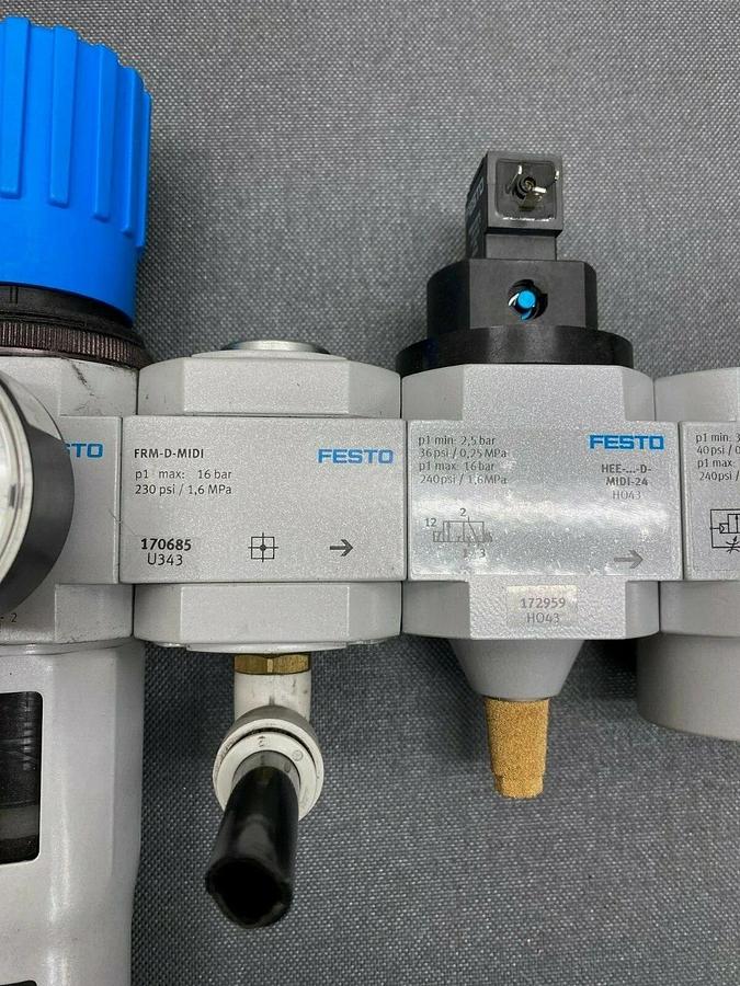 Used Festo LFR-D-7-MIDI Micro Filter w/ Regulator and 4 Additional Festo Attachments