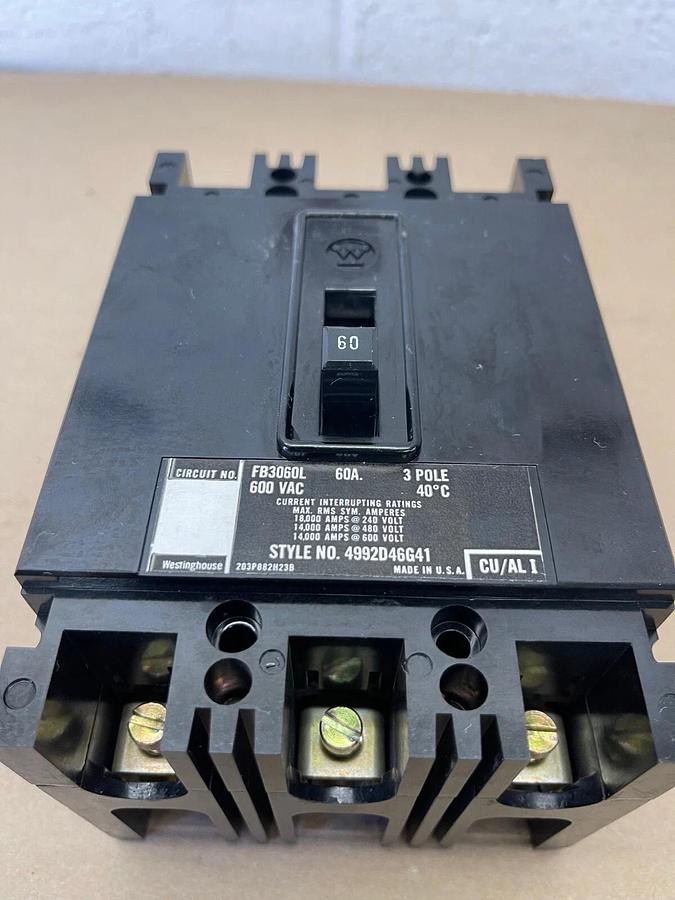 Used Westinghouse FB3060L, Circuit Breaker, 60 Amp, 3 Pole, 600 VAC