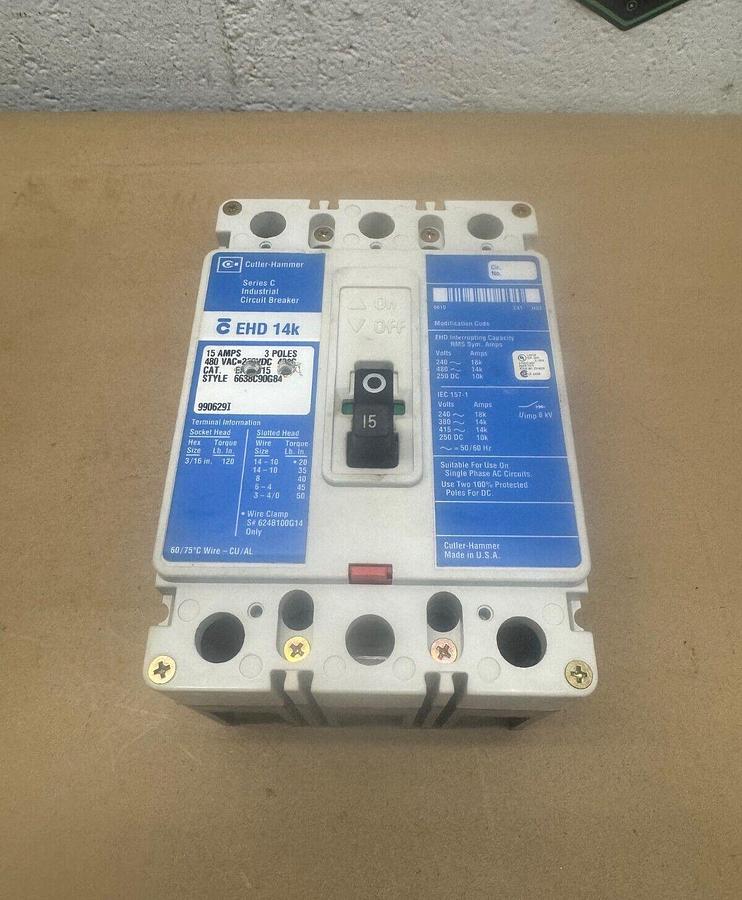 Used Cutler-Hammer EHD 14K Industrial Circuit Breaker, 15 A, 480 VAC, 3 Poles