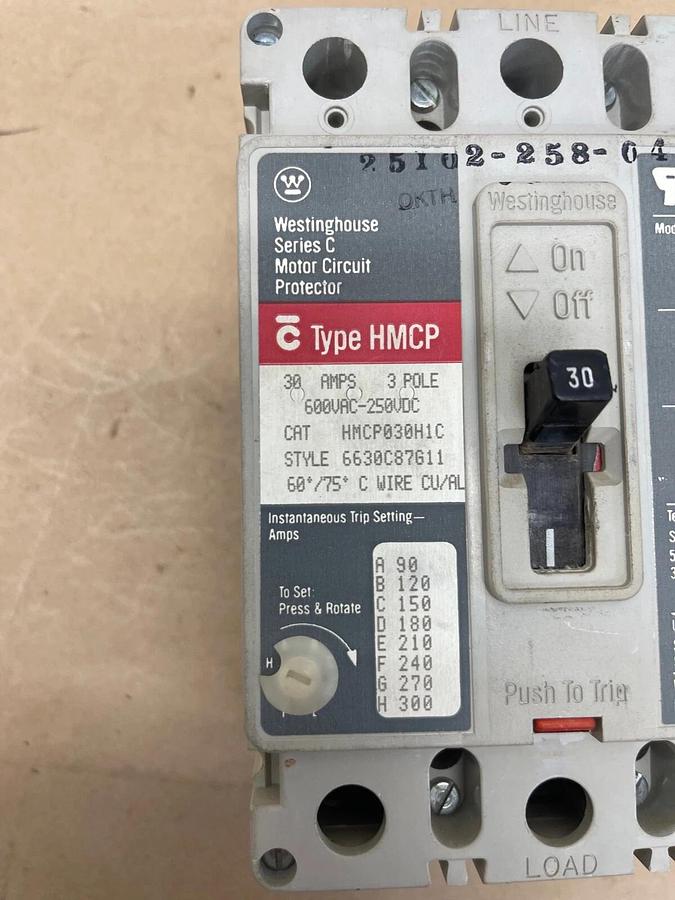 Used Westinghouse HMCP030H1C Motor Circuit Protector Ser C, 30A 3 Pole 600VAC-250VDC