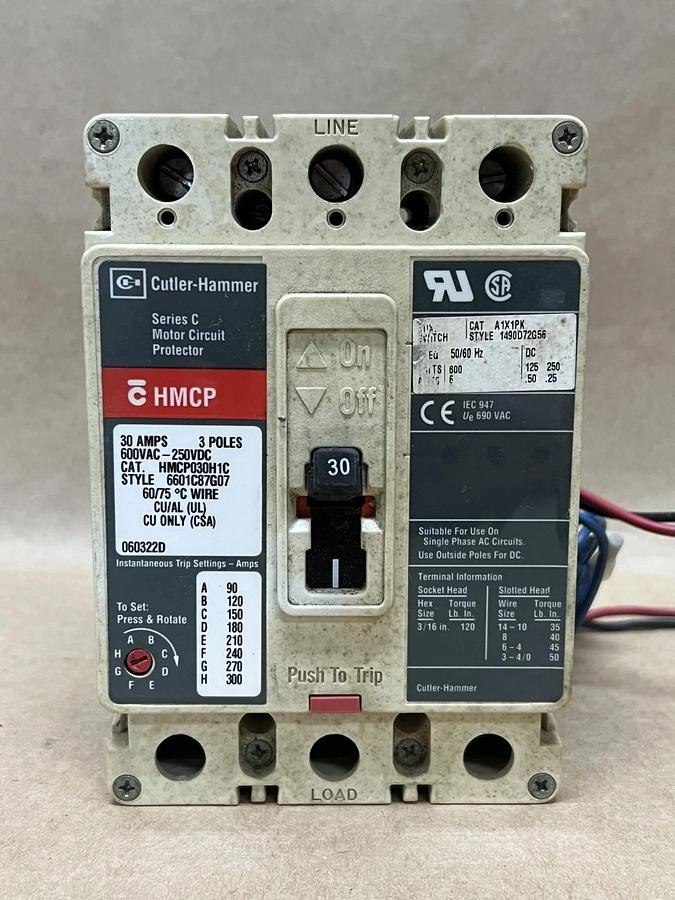 Used Cutler-Hammer HMCP030H1C 30A Ser C Motor Circuit Protector Style 6601C87G07