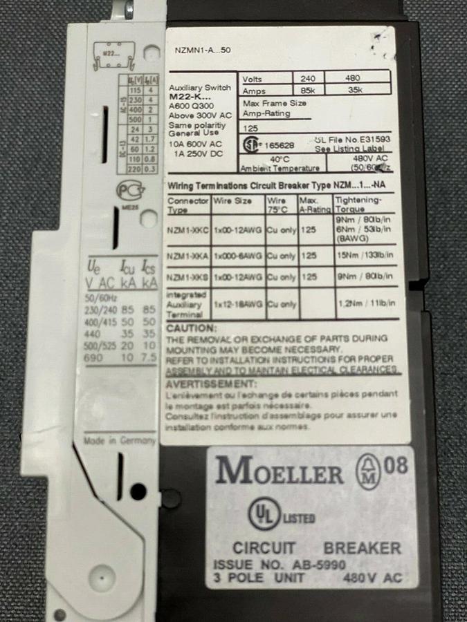 Used Moeller NZM1 Circuit Breaker Issue No AB-5990 3 Pole Unit 480V AC 45 AMP