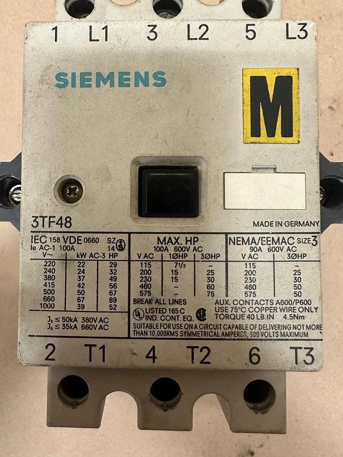Used Siemens 3TF48 Contactor, 100A